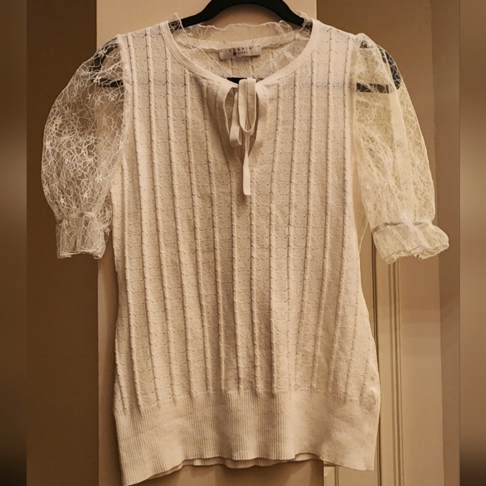 LIQUID by‎ SIONI White Lace Puff Sleeve Tie Neck Knit Top Womens
